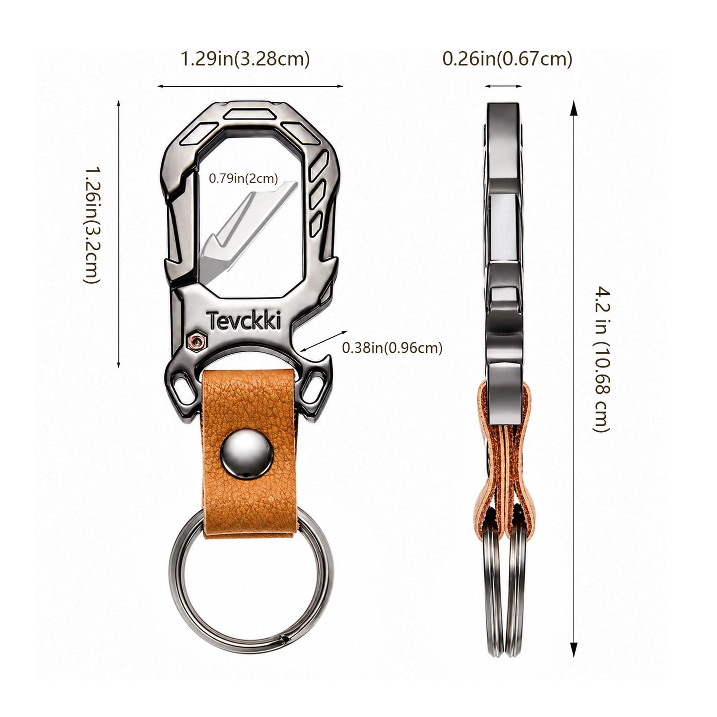 Tevckki Tactical leather keychains Carabiner Car Key Chains Bottle opener .Metal Clip Keychain with Anti-Lost 2 Key Rings Universal for men and women.(Brown)