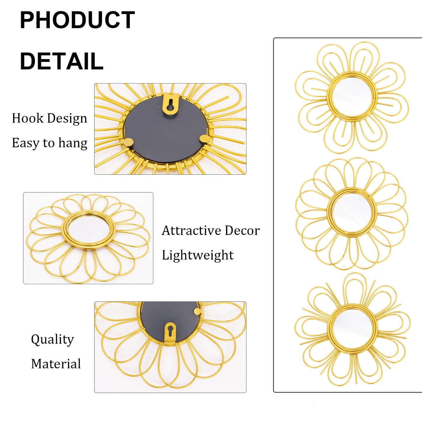 Gold Mirrors 3 Piece, 9 inch Flower-Indoor Shaped Mirror Hanging Wall Decor
