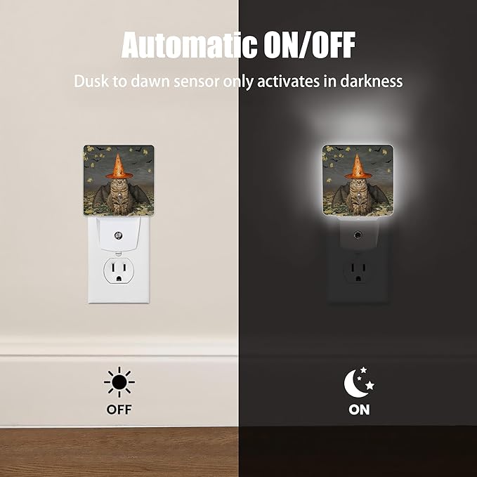 Halloween Decorations Cat Night Light, Bat Wings Plug into Wall with Dusk to Dawn Light Sensors, Warm Nightlights for Bedroom, Bathroom, Hallway, Kitchen, Gifts Ideal for Boys Girls Women Men