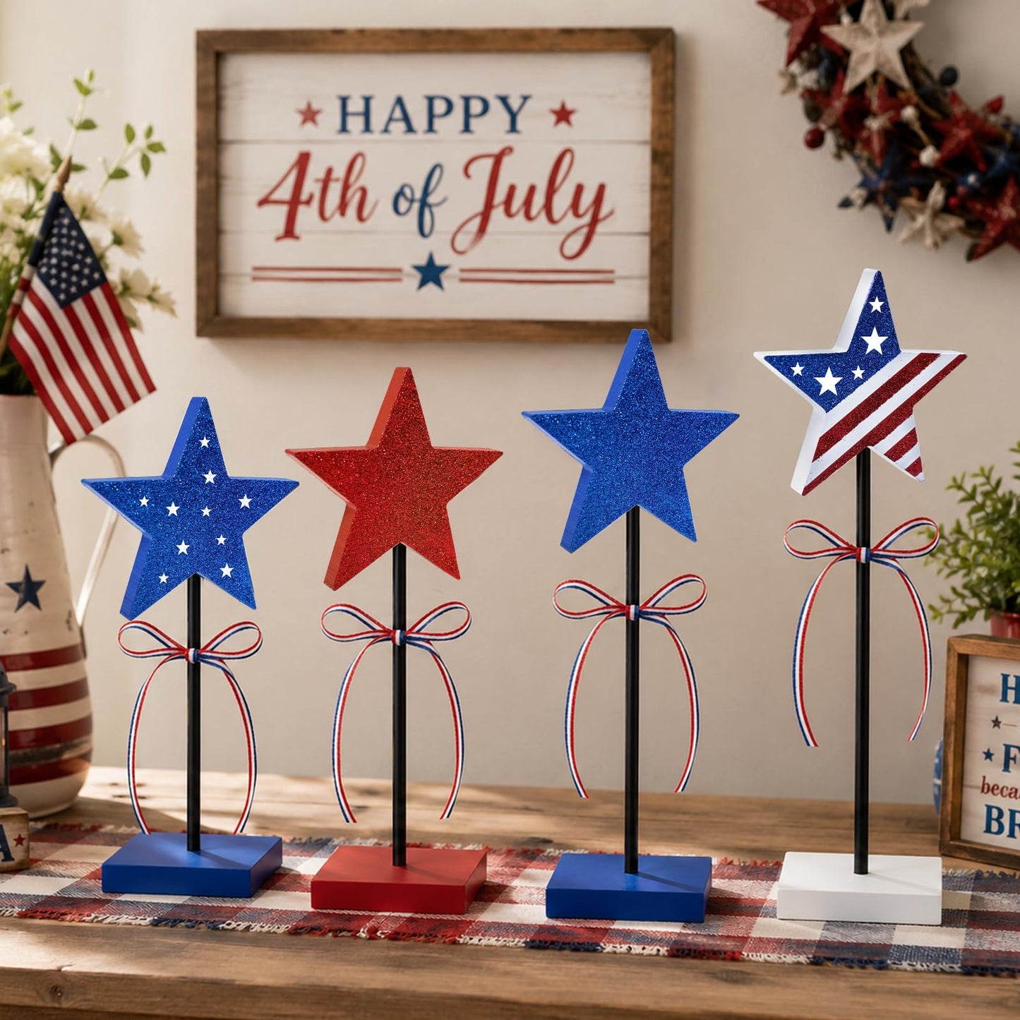 4th of July Tiered Tray Decor Wooden Shiny Star Set, 4 Pcs 250th Anniversary Centerpieces for Tables, Patriotic Tabletop Home Decor, Red White and Blue Decorations for Independence Day Party