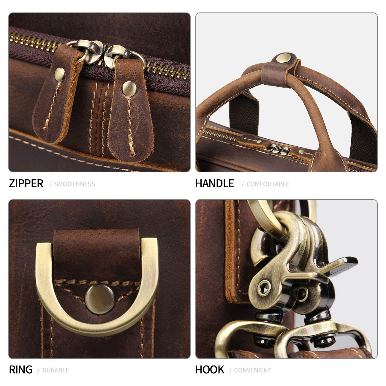 Augus Leather Briefcase for Men16 inch Laptop Bag Genuine Full-Grain Leather Messenger Shoulder Bag YKK Zipper Work Travel Brown