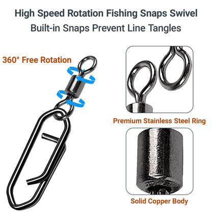AMYSPORTS High Strength Saltwater Barrel Swivels Fishing Tackle Stainless Steel Line Connector Fishing Snaps Swivel Change Quick Fishing Clips Snap Black Nickel, 50pcs, 71lbs