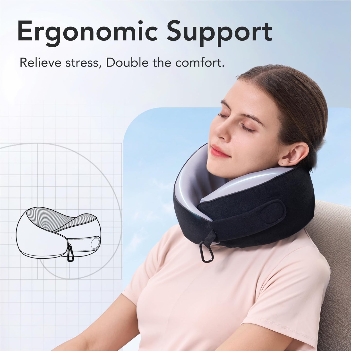 Travel Pillow, 100% Pure Memory Foam Travel Neck Pillow Airplane Neck Support Ergonomic Design for Traveling Suitable for Airplanes,Offices and Cars-Grey