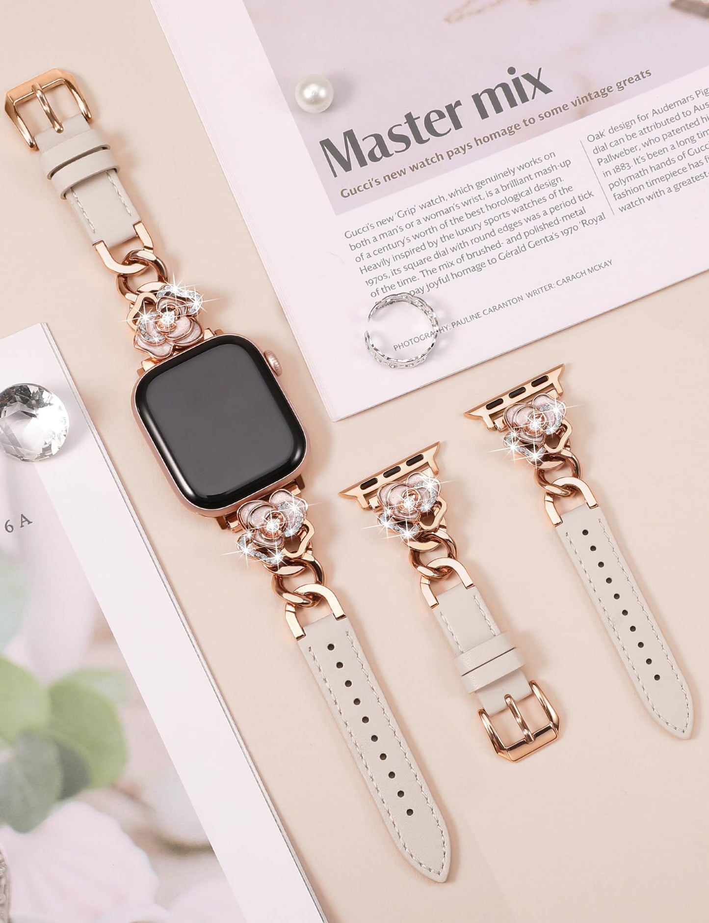 Minyee Compatible with Apple Watch Band 42/44/45/46/49mm Women, Dressy Elegant Leather Metal Chain Strap with Camellia Charms for iWatch Series 11 10 9 8 7 6 5 4 SE/Ultra 3 2 1, Starlight/Rose Gold