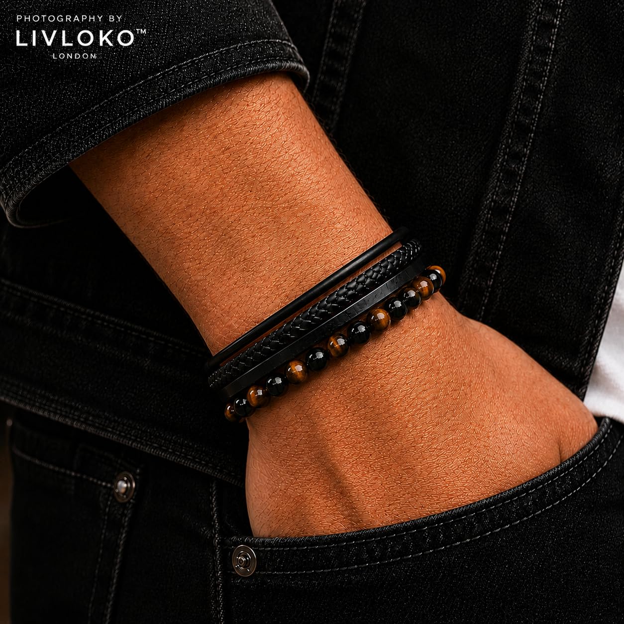 LIVLOKO LONDON Mens Bracelet Leather Black Multi-Layer Tiger Eye Stone Beads Magnetic Adjutable Steel Clasp Viking Rope Bands Surfer Man jewelry Wristband Male UK Jewellery Gift box Husband Boyfriend Dad Son