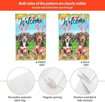 Dachshund Dog Bunny Cute Flower Happy Easter Garden Flag Welcome Party Outdoor Outside Decorations Picks Home House Garden Yard Decor 12x18 Inch
