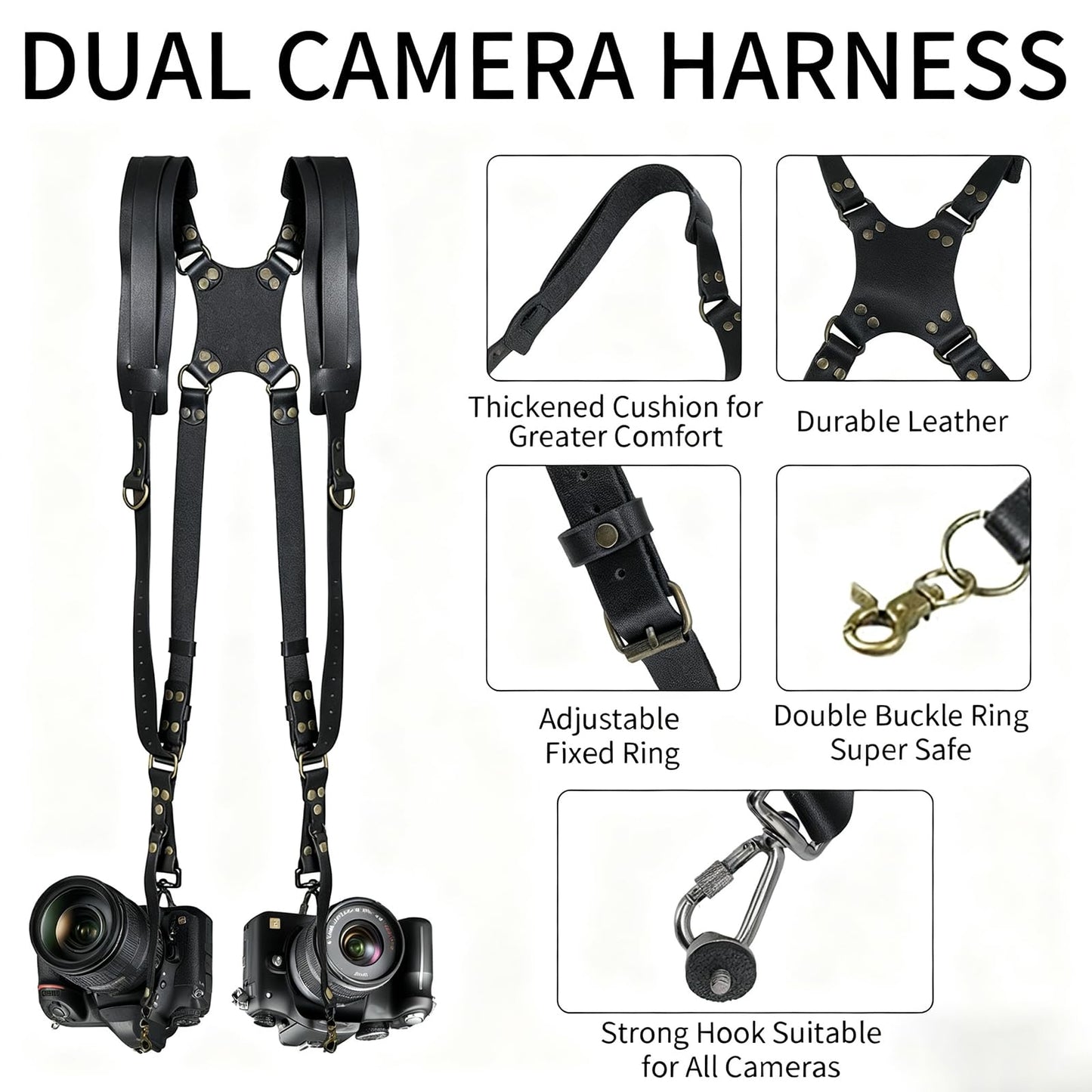 YIHAOSSING Camera Harness,Black Camera Straps for Photographers,Leather Dual Camera Strap for Two DSLR/SLR Cameras (black)