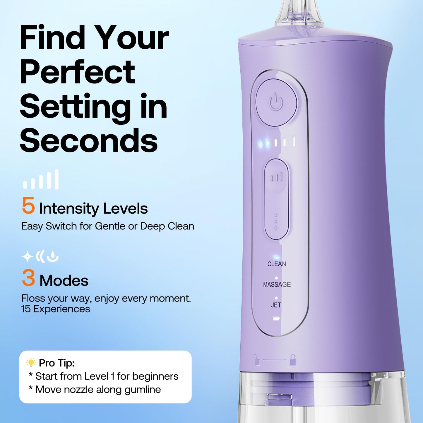 Bitvae Water Dental Flosser for Teeth, Cordless Water Teeth Cleaner Picks, 3 Modes 5 Intensities, IPX7 Waterproof, Rechargeable Water Dental Picks for Cleaning - Black