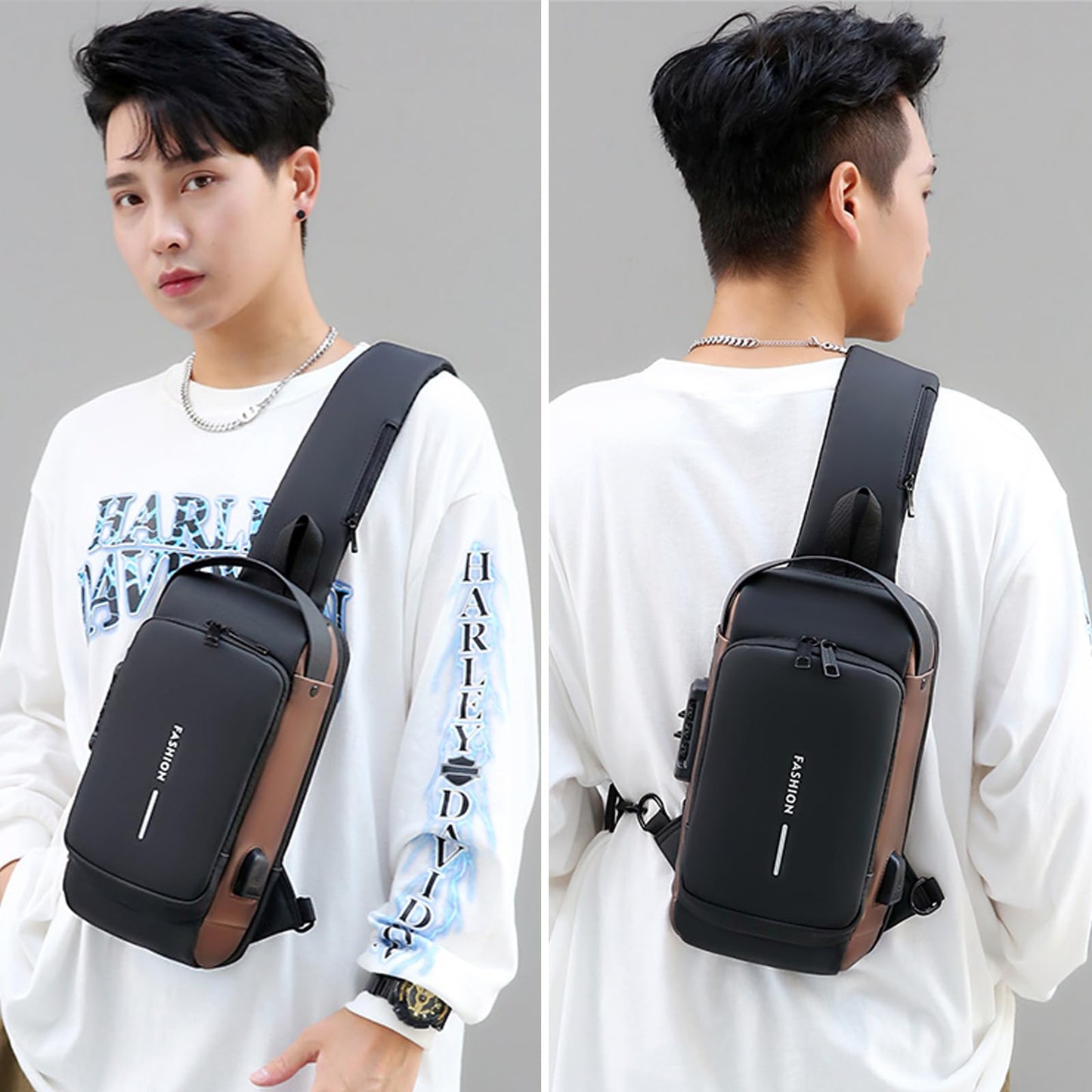 ISDULA Sling Bag for Men Anti Theft Crossbody Shoulder Bag PU Leather USB Chest Backpack for Daily Use Travel (Brown)