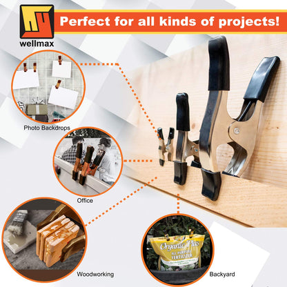 Wellmax 16PC Nickel-Plated Metal Spring Clamps Set - Heavy Duty Clips for Woodworking, Photography Backdrops, and More - Includes 8pc 2 Inch, 4pc 4 Inch, and 4pc 6 Inch Clamps