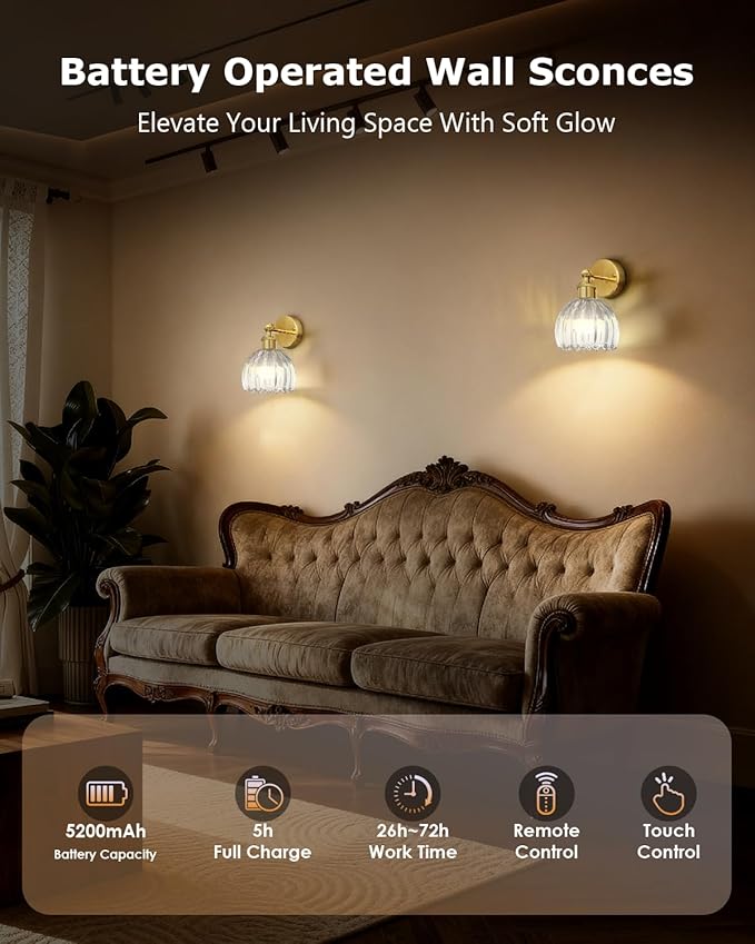 Vintage Battery Operated Wall Sconces Set of Two, with Grey Tulip Glass Lampshade, Wireless Rechargeable Battery Powered Wall Light for Bedroom Living Room Bathroom Hallway Home Decor