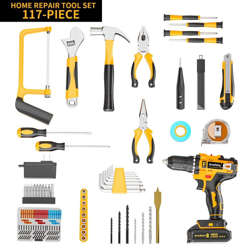 117-Piece Tool Kit with 20V Cordless Drill Mechanic Tool Set for Home & Auto Repair Toolbox Storage Case Perfect for Men, DIYers, Handymen