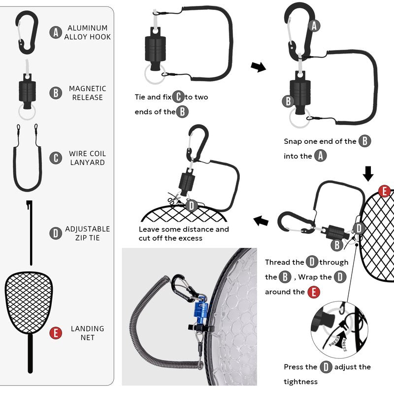 SF Fly Fishing Stealth Carbon Fiber Landing Net Soft Silicone Rubber Mesh Steelhead Catch and Release Net with Black Magnetic Net Release Combo Kit