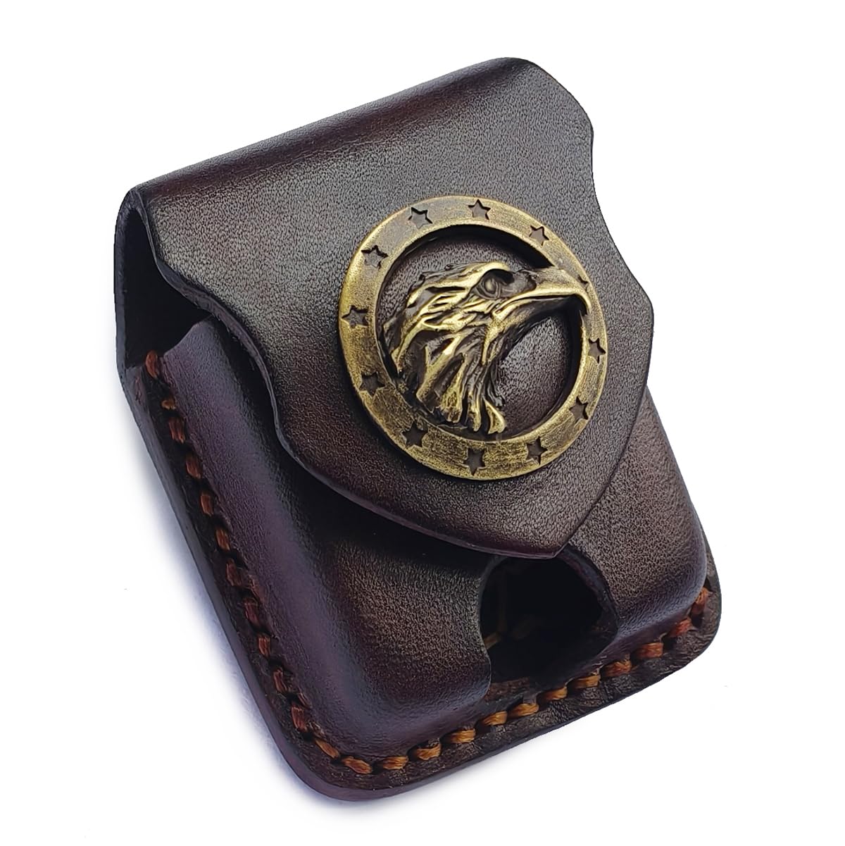 Gucaibu Leather Lighter Case, Dark Brown Western Style with Bronze Eagle Medallion, Handcrafted Holder