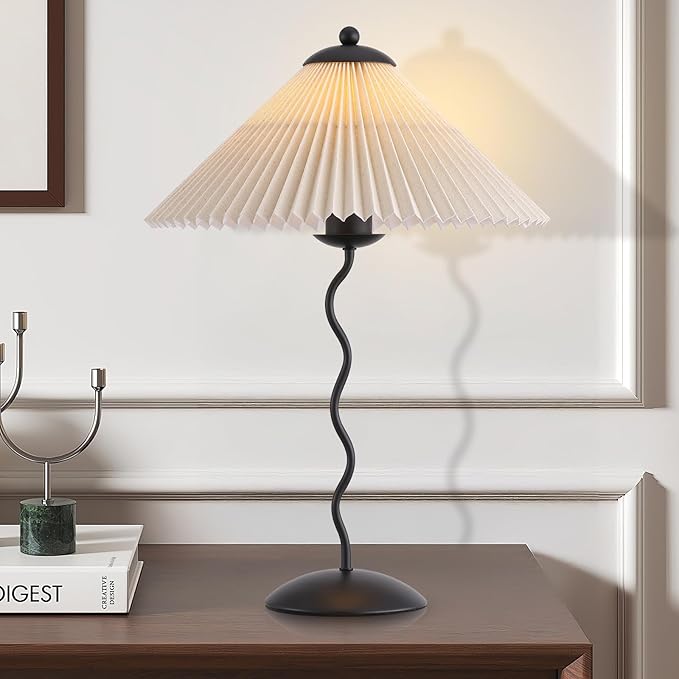 Pleated Table Lamp, S Tube Modern Table Lamp for Bedroom, Bedside Lamps with Organic Textured Linen Lampshade for Nightstand Bedroom Home Office Decor, Black