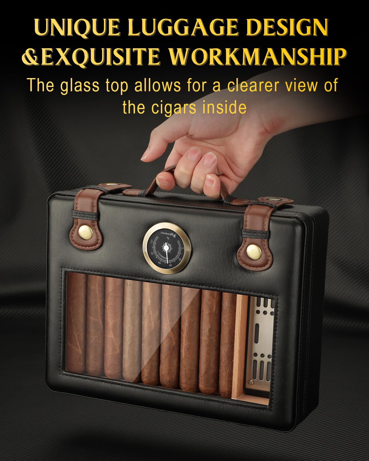 FANKAI Cigar Humidor, Cigar Box with Hygrometer Humidifier and Divider, Glass Top Cedar Wood Storage Case for 30pcs-50pcs Cigars,Travel Cigar Accessories