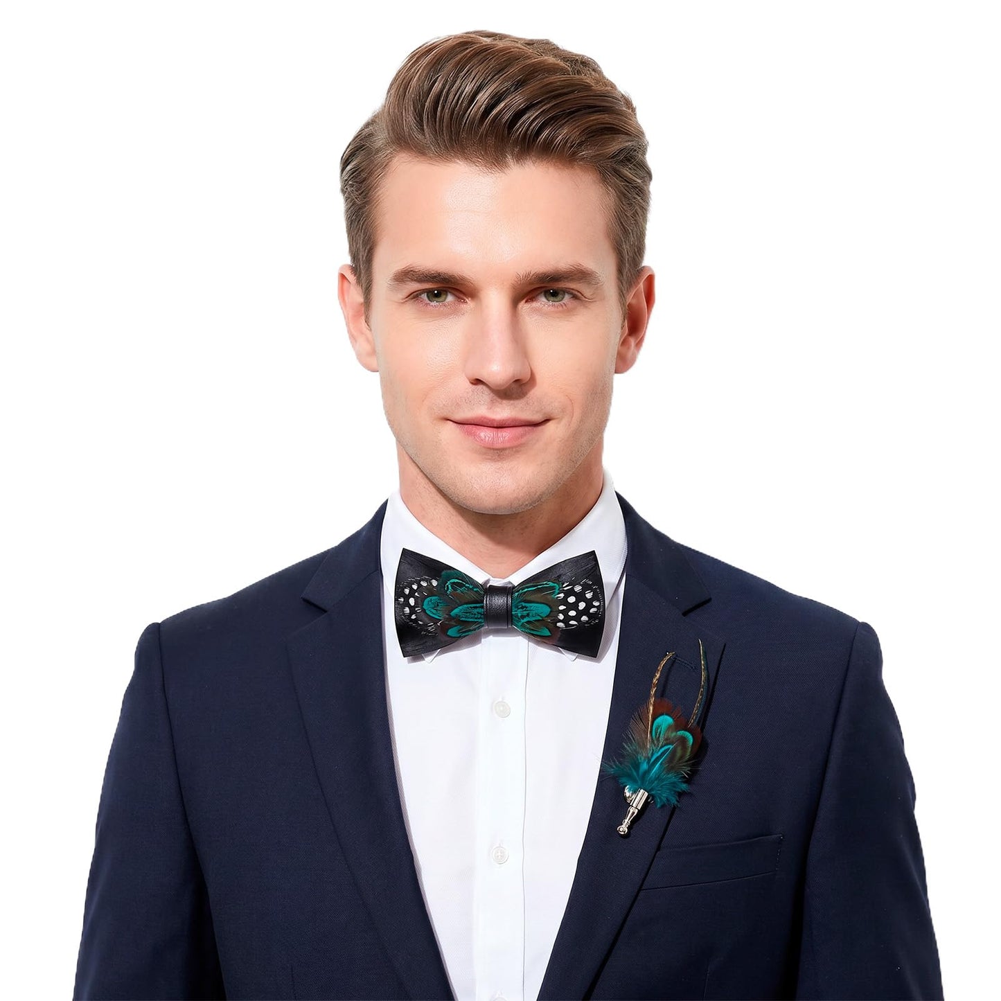 OhMill Men’s Handmade Feather Bow Tie Adjustable Leather Pre Tied Bowtie and Brooch Sets for Weddings Groom Prom Parties