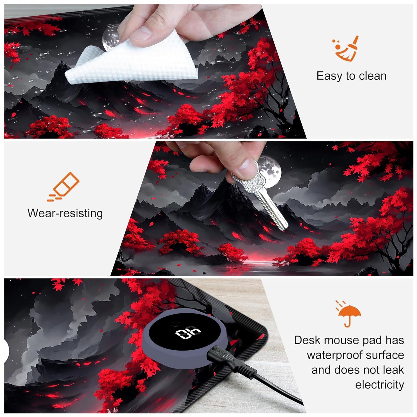LYHXLYJH Heated Mouse Pad,Warm Desk Pad with 3 Levels Heating & 3 Hours Auto Shut-Off, PU Leather Heated Desk Pad Warmer Pad for Home Office - 31.5 x 13 inch,Red Tree Moon