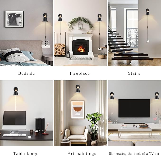 Wall Sconce Set of 2, Wall Sconce with Metal Shade, Plug Switch, Indoor Decor Wall Mount Swing Arm Lamp for Bedroom,Hallway,Living Room,Reading, Black