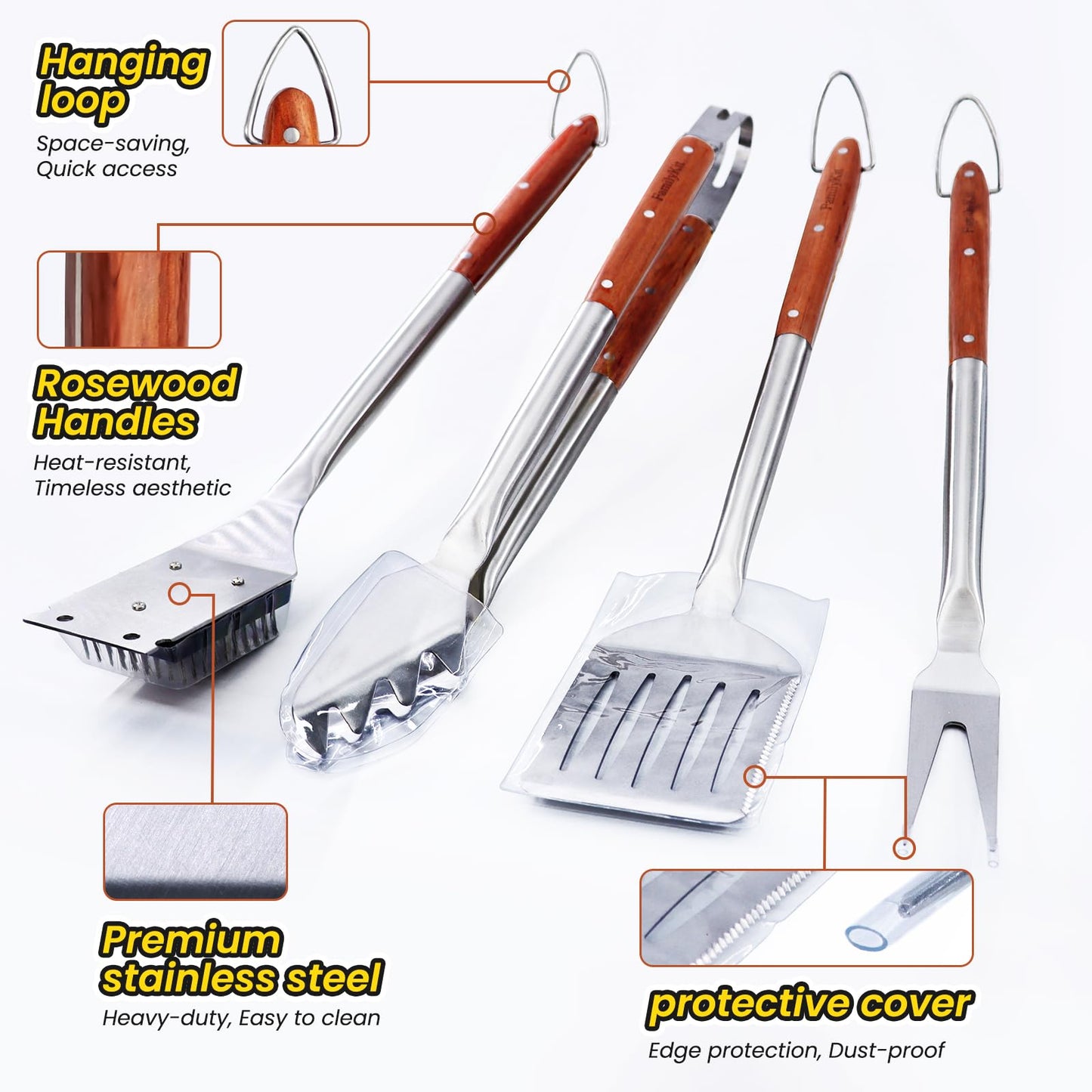 4PCS Grilling Accessories Rose Wooden BBQ Grilling Tools Set, Heavy Duty Stainless Steel Barbecue Grill Tools Kit with Spatula, Clips, Brushes, Forks for Outdoor Grill, BBQ Gift for Men and Women
