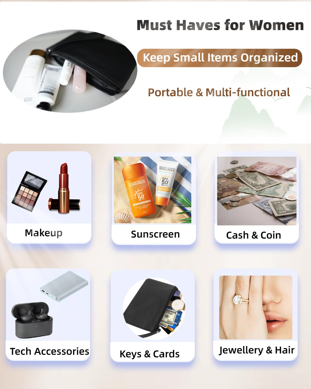 4.5 x 6.5 Clutch Stadium Approved, Leather Coin Purse for Women Wristlet Money Pouches for Cash Car Change with Zipper Lipstick Holder, Extra Small Makeup Bag for Purse Organizer Insert, Black