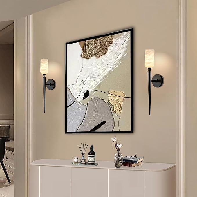 Alabaster Wall Sconce, 22in Modern Spanish Natural Marble Bathroom Vanity Sconces, Unique Indoor Black Wall Lighting Fixtures Decor for Bedroom Living Room Staircases