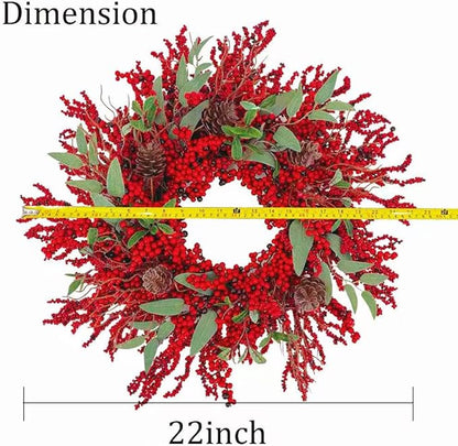 20 inch red Berry Christmas Wreath for Front Door，Used for Wall, Window, Porch, Farmhouse, Indoor and Outdoor Home Decoration