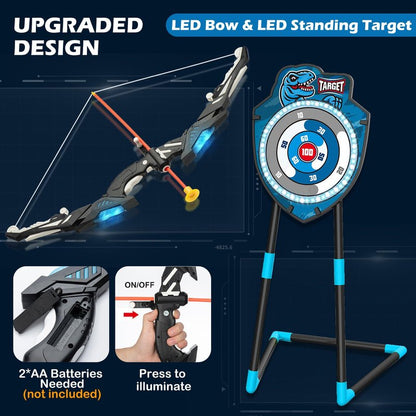 VROGTIK Kids LED Archery Set with Standing Target, 10 Suction Cup Arrows Bow and Arrow for Kids 3-12, Indoor Outdoor Sport Toy for Boys Girls
