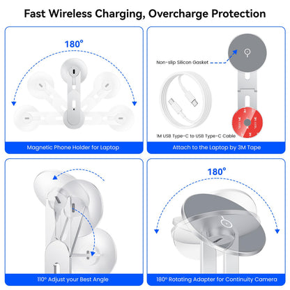 Laptop Phone Holder, Magnetic Phone Stand 15W Fast Wireless Charger for MagSafe for iPhone 17/16/15/14/13/12 & All Phones for Tesla (Silver)