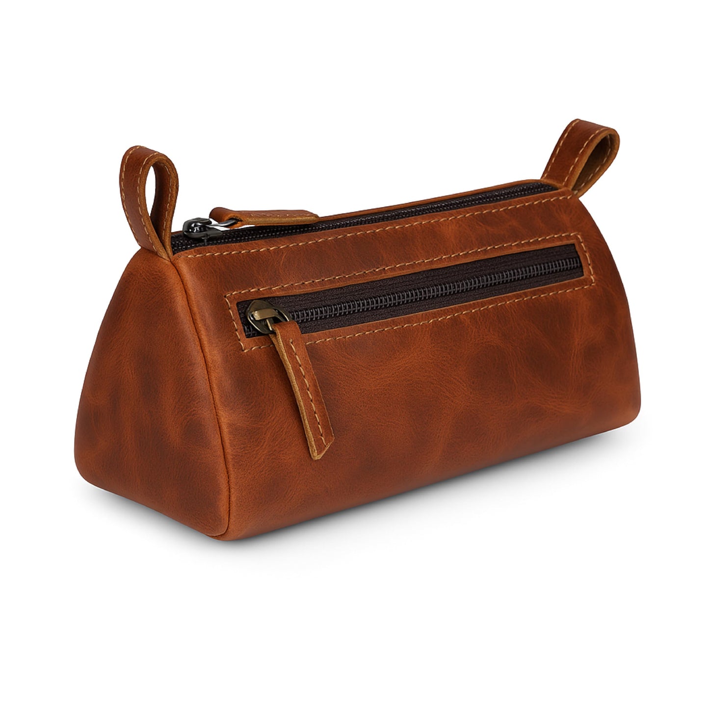 TheAntiq Leather Makeup Bag for Women – Genuine Leather Cosmetic Bag Travel, Handmade Zippered Makeup Pouch, Small Toiletry Bag, Shaving Kit & Stationery Organizer- Tan