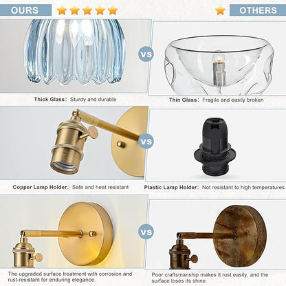 Wall Sconces Set of Two Hardwired, Vintage Sconce Light with Tulip Denim Blue Glass Lampshade, Bathroom Wall Lights with Switch, Gold Wall Light Sconces Wall Decor Set of 2