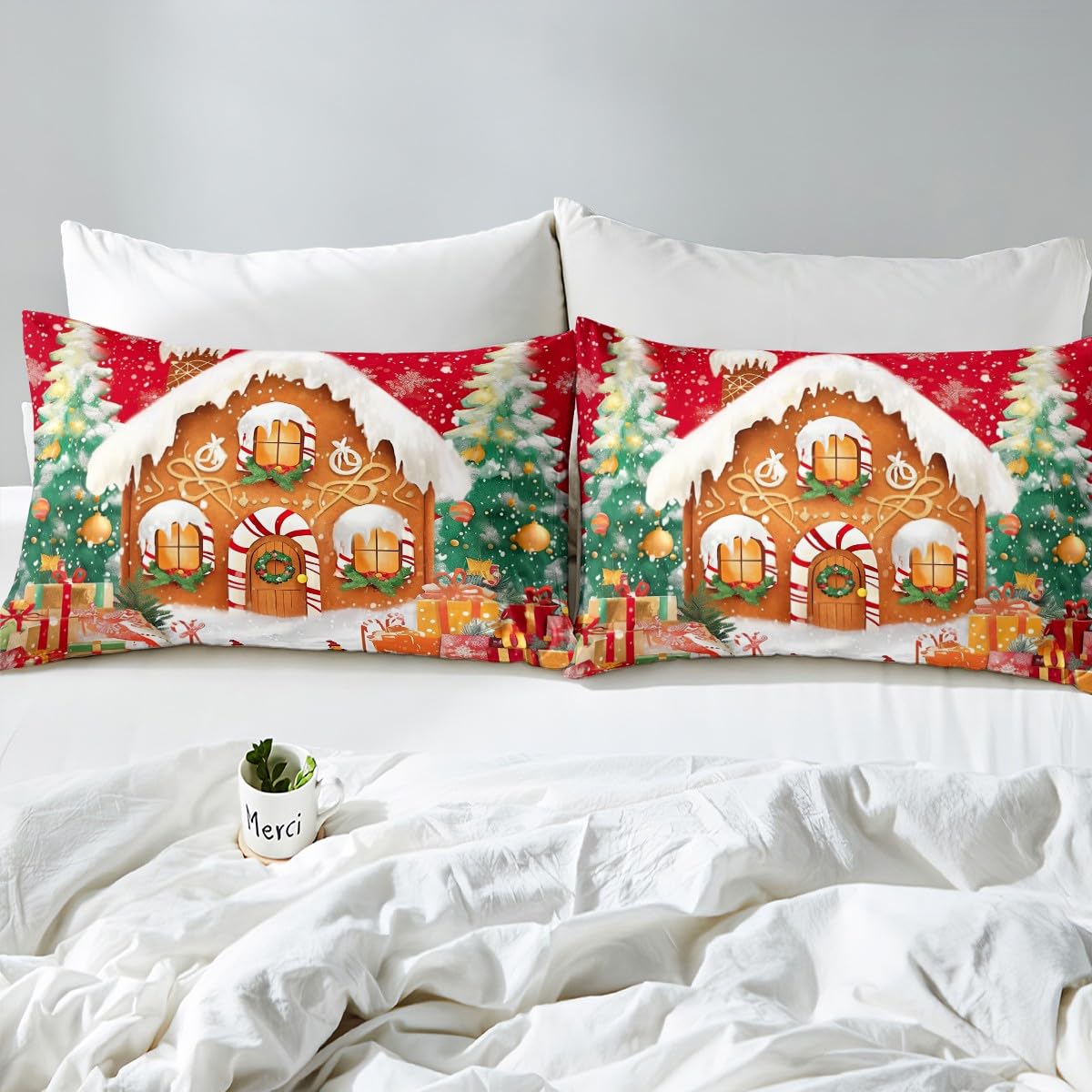 Feelyou Red Christmas Duvet Cover Full Size Kids Candy House Bedding Set Boys Girls Candyland Theme Christmas Wonderland Pine Comforter Cover Set Xmas Tree Happy New Year Bedspread Cover(No Comforter)