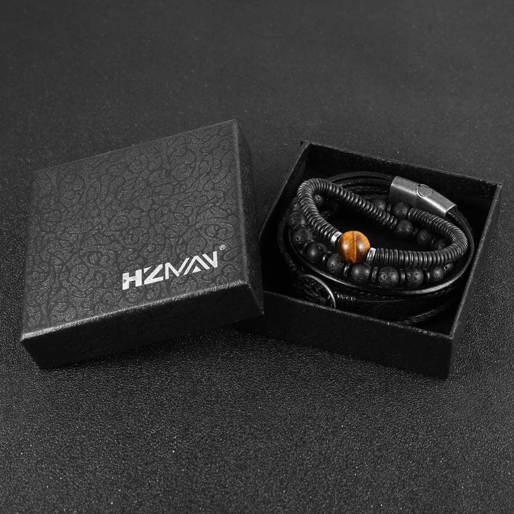 HZMAN Genuine Leather Tree of life Bracelets Men Women, Tiger Eye Natural Stone Lava Rock Beads Ethnic Tribal Elastic Bracelets Wristbands (Black)