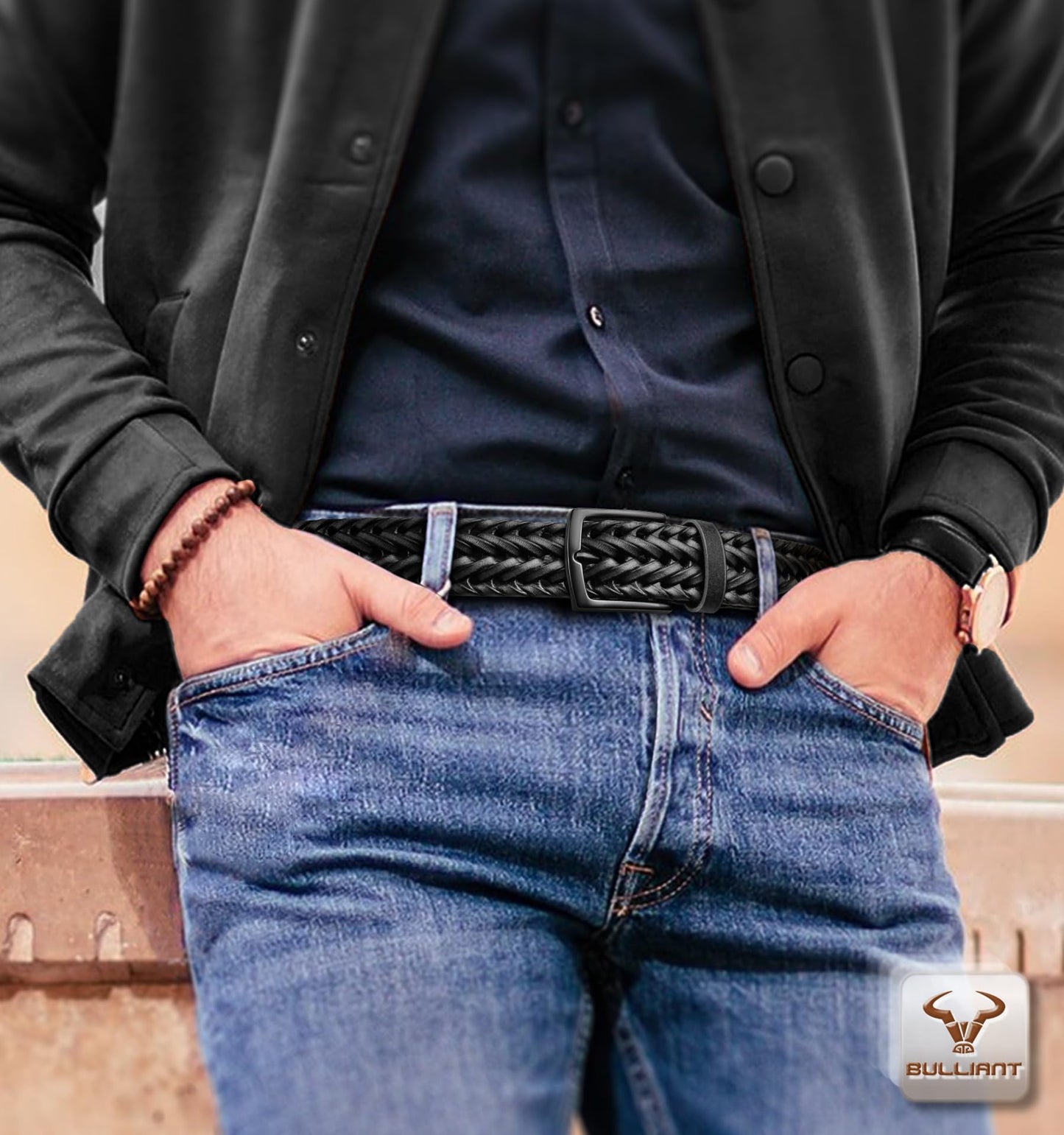 BULLIANT Men Belt 2Pack,Braided Woven Leather Belt For Men Golf Casual Jeans 1 3/8"(Black/Light Brown,28"-32" Waist Adjustable)