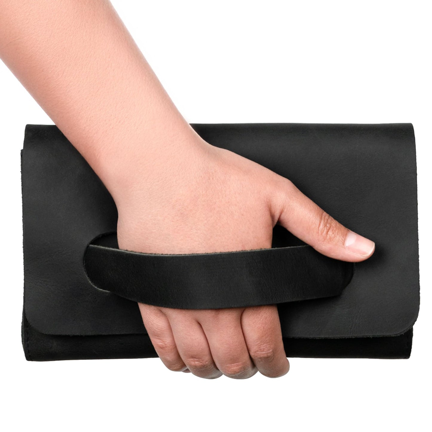 Hide & Drink, Rectangular Clutch Bag With Handle, Wallet for Cards, Money, Stylish Handbag, Full Grain Leather, Handmade, Charcoal Black