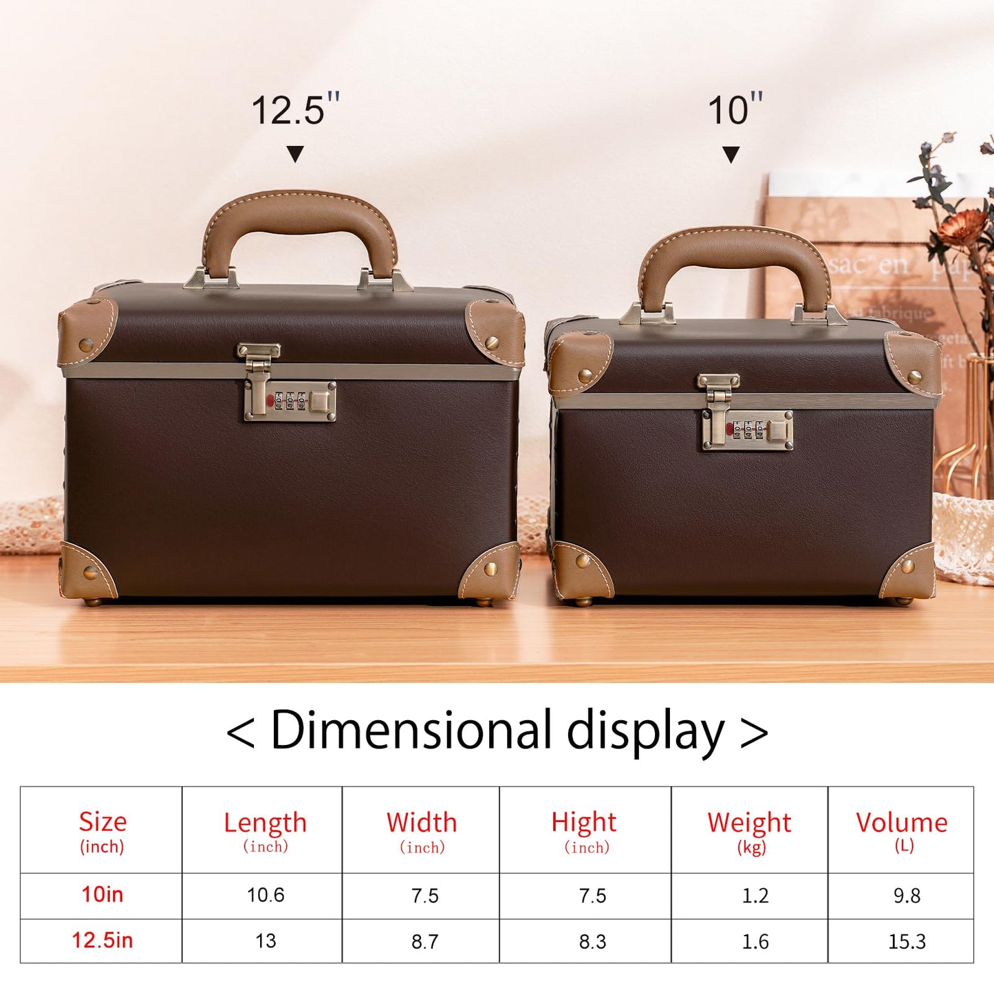 urecity Retro Vintage Makeup Train Case, Brown Artificial Leather, Professional Cosmetic Organizer with Combination Lock, Striped Interior