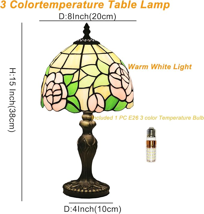 Small Tiffany Table Lamp,3 Color Temperature Pink Rose Stained Glass Table Lamps for Living Room, Dining Room,Bedroom Bedside Nightstand Night Light,W/LED Bulb,8X8X15Inch