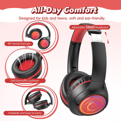 Kids Bluetooth Headphones, 85H Playtime Wireless Headphones for Kids, Colorful LED Lights, 85/94dB Safe Volume Limit, Bluetooth 5.4 Built-in Mic Toddler Headset for Tablet/Airplane/Travel (Black）
