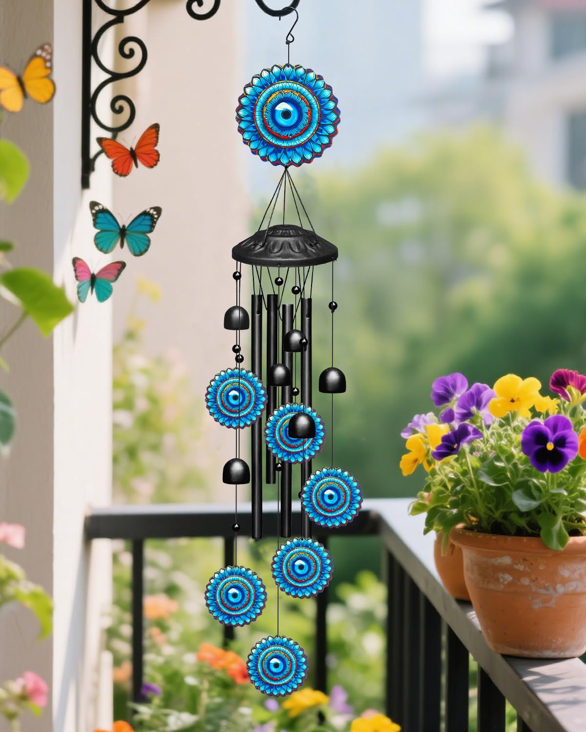 Evil Eye Wind Chimes for Outside Boho Decor, Large 35.4" Anti-Tangle Clapper-Free Tube Windchime, Radiant Sunflower Mandala Patio Ornament, Soothing Melodic Metal Bells for Garden, Yard, Balcony
