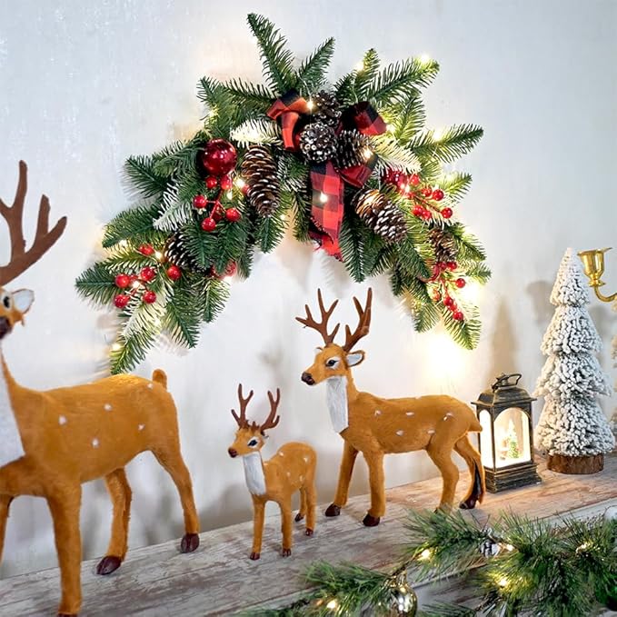27.6" Christmas Swag with Lights Artificial Decorative Swag with Cute Bow Red Xmas Balls PineCones Red Berries Cedar Pine Swag Wreath Decoration for Front Door Table Window Stair Mantle Holiday Decor