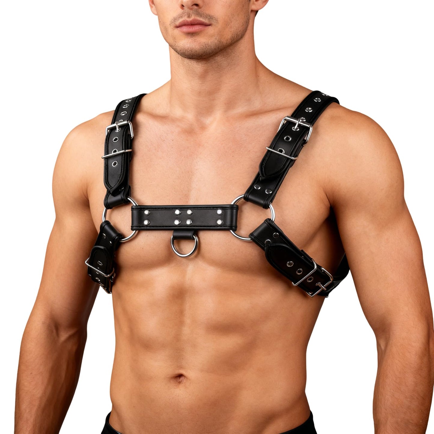 Men's Adjustable PU Leather Chest Harness, Gothic Punk Body Harness with Metal Buckles for Rave Festival Clubwear Cosplay Black