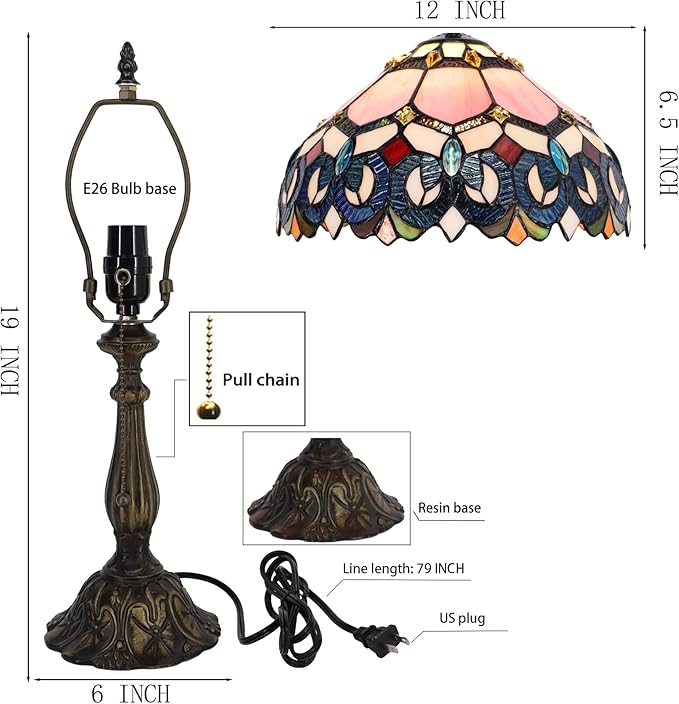 Tiffany Lamp Pink Stained Glass Table Lamp Bedside Reading Light W12H19 Inches (Pink Baroque Style)