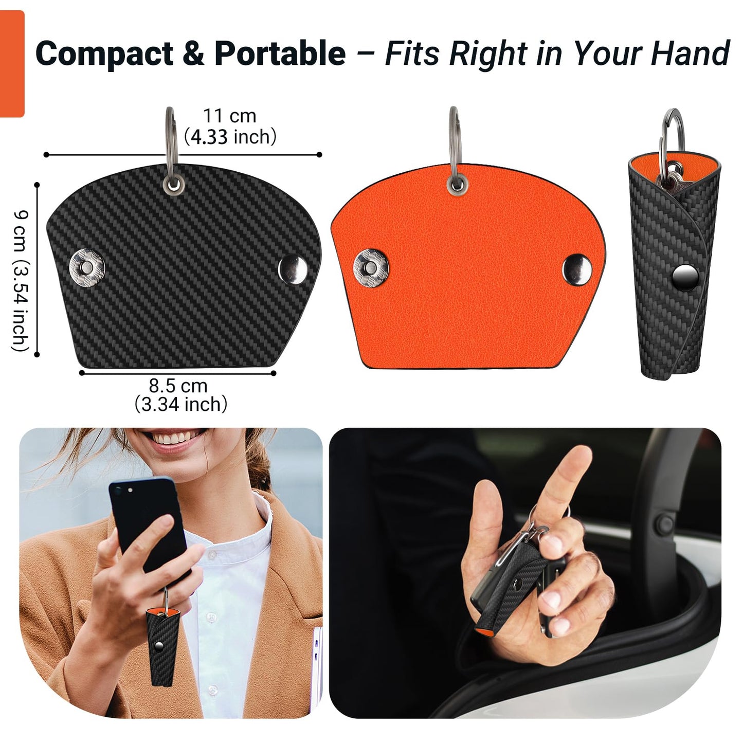 Carbon Fiber Key Wrap Keychain, Silent Compact Key Organizer with PU Leather Interior for House Keys, Men & Women