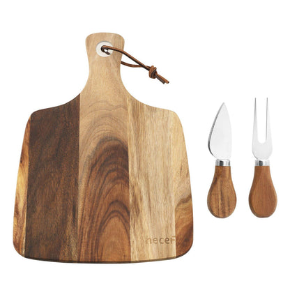 hecef Cheese Board set of 3,a Acacia Wood Cheese Plate, a Knife, a Fork, Charcuterie Board Platter Slate Serving Set(Cheese board with 2 knives)