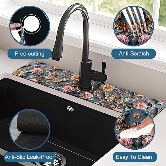 Gold Butterfly Kitchen Sink Splash Guard Faucet Mat Pink Floral Super Absorbent