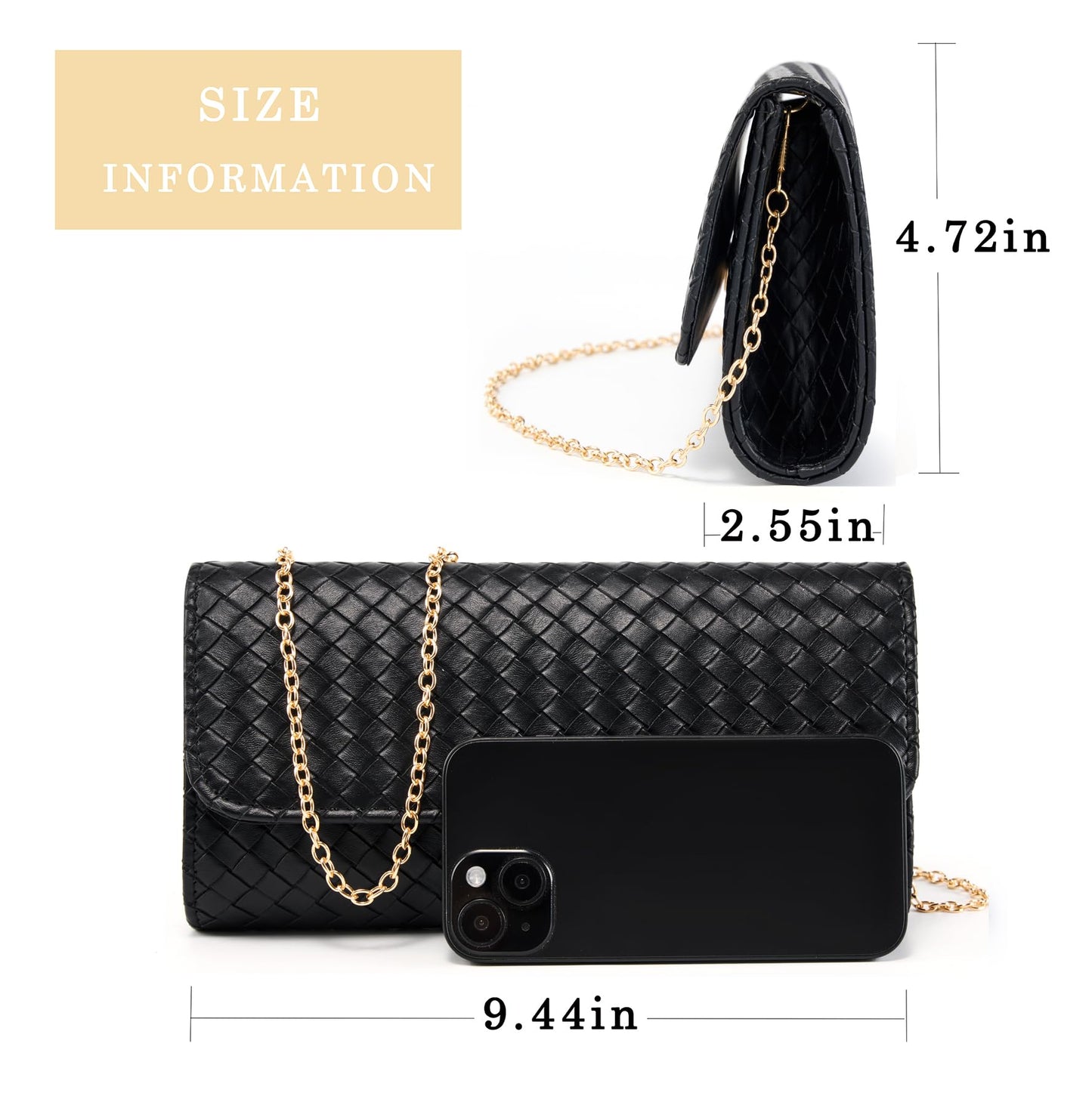 MUDUO Women's Woven Evening Bag Faux Leather Shoulder Handbag Fashion Crossbody Clutch Purse (BZ18-Black)