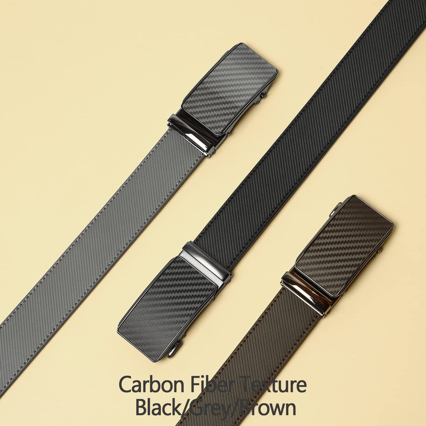 2 Pack Ratchet Belt 1 3/8", Leather Dress Belt with Click Sliding Buckle in Gift Set Box, Mens Adjustable Belt Trim to Fit (Carbon Fiber Black/Gray/Grey, 28"-42" Waist Adjustable)