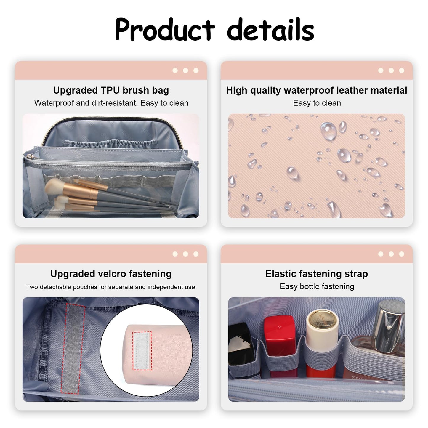 BOYATU Travel Makeup Bag Organizer Cosmetic Bag: 3 Pcs Set Make up Bags for Women with Handle - Waterproof Vegan Leather Toiletry Bags Travel Essentials Pouch with Compartments (A-09-Pink)