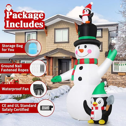 GOOSH 7 FT Christmas Inflatables Snowman and Penguin with Built-in Music & 360° Rotation Colorful Projector LED Light, Blow Up Snowman Outdoor Christmas Decoration for Holiday Party Xmas New Year