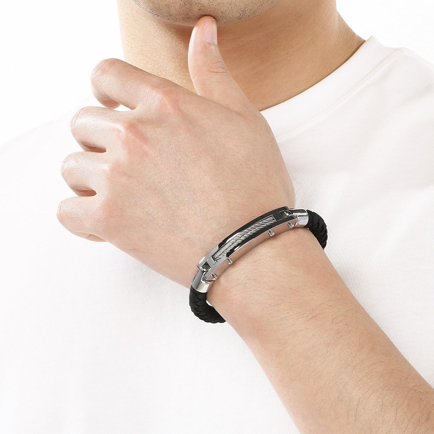 Azubpi Black Braided Leather Bracelet for Men, Stainless Steel Push-In Clasp Casual Fashion Jewelry Gift for Him